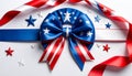 Indepedence Day 4th July emblem with a blue stars bow and curly red and white ribbon Royalty Free Stock Photo