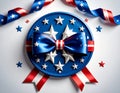 Indepedence Day 4th July emblem with a blue stars bow and curly red and white ribbon Royalty Free Stock Photo