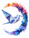 Origami Paper Bird Flying Through a Cosmic Crescent Moon â Watercolor Galaxy Art on White Background Royalty Free Stock Photo