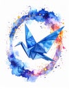 Origami Paper Bird Flying Through a Cosmic Crescent Moon â Watercolor Galaxy Art on White Background Royalty Free Stock Photo