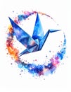 Origami Paper Bird Flying Through a Cosmic Crescent Moon â Watercolor Galaxy Art on White Background Royalty Free Stock Photo