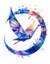 Origami Paper Bird Flying Through a Cosmic Crescent Moon â Watercolor Galaxy Art on White Background Royalty Free Stock Photo