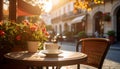 Generated image.Sunlit cafÃ© scene with a coffee. Royalty Free Stock Photo