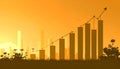 Bar graphs rise progressively against a bright orange sunset Generative AI Royalty Free Stock Photo