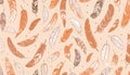 Pattern of various illustrated feathers in shades of orange, brown, and white on a light beige background. Royalty Free Stock Photo