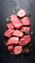 Raw meat pieces and spices on the table, flat Royalty Free Stock Photo