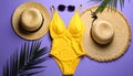Flat lay composition with yellow swimsuit, hat and sunglasses on purple background Royalty Free Stock Photo