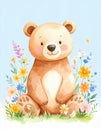 smiling cartoon bear sitting among colorful wildflowers on a light blue background. Royalty Free Stock Photo