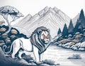 lion in mountains landscape illustration Royalty Free Stock Photo