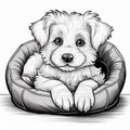 cute puppy resting in dog bed black and white art style illustration Royalty Free Stock Photo