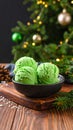 Delicious green ice cream served on wooden table, closeup Royalty Free Stock Photo
