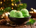 Delicious green ice cream served on wooden table, closeup Royalty Free Stock Photo