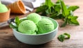 Delicious green ice cream served on wooden table, closeup Royalty Free Stock Photo