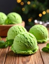 Delicious green ice cream served on wooden table, closeup Royalty Free Stock Photo