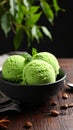 Delicious green ice cream served on wooden table, closeup Royalty Free Stock Photo