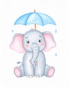baby elephant sitting under a blue umbrella with raindrops falling around, illustrated in a soft pastel style. Royalty Free Stock Photo