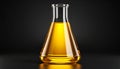 Glass flask with yellow oil on black background, closeup. Royalty Free Stock Photo