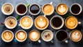 Cups with different types of coffee on dark grey table, flat lay Royalty Free Stock Photo