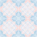 A seamless vintage floral pattern in pastel blue, pink, and white with intricate symmetrical medallions Royalty Free Stock Photo
