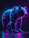 neon blue and purple digital wireframe illustration of a bear with futuristic, tech-inspired details on a dark background. Royalty Free Stock Photo