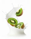 Splash of milk with Kiwi and pieces in air on white background Royalty Free Stock Photo