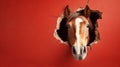 Curious horse peeking through red wall hole in surreal scene (AI-Generated). Royalty Free Stock Photo