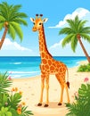 cartoon giraffe stands on a tropical beach with palm trees, flowers, and a bright blue ocean under a partly cloudy sky. Royalty Free Stock Photo
