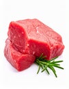 Piece of raw beef meat and rosemary isolated on white Royalty Free Stock Photo
