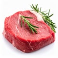Piece of raw beef meat and rosemary isolated on white Royalty Free Stock Photo