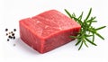 Piece of raw beef meat and rosemary isolated on white Royalty Free Stock Photo