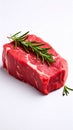 Piece of raw beef meat and rosemary isolated on white Royalty Free Stock Photo