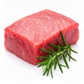 Piece of raw beef meat and rosemary isolated on white Royalty Free Stock Photo