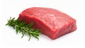 Piece of raw beef meat and rosemary isolated on white Royalty Free Stock Photo