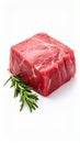 Piece of raw beef meat and rosemary isolated on white Royalty Free Stock Photo