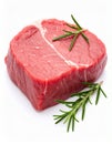 Piece of raw beef meat and rosemary isolated on white Royalty Free Stock Photo