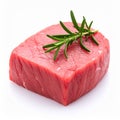 Piece of raw beef meat and rosemary isolated on white Royalty Free Stock Photo
