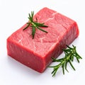 Piece of raw beef meat and rosemary isolated on white Royalty Free Stock Photo