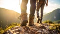 Group of people climbing up mountains, focus on hiking boots Royalty Free Stock Photo