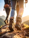 Group of people climbing up mountains, focus on hiking boots Royalty Free Stock Photo