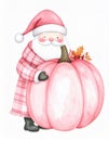 Santa Claus in a pink plaid coat and hat hugs a large pale pink pumpkin decorated with autumn leaves and berries. Royalty Free Stock Photo