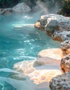 A serene hot spring with clear, turquoise water and smooth stones, surrounded by mist and greenery, creating a tranquil Royalty Free Stock Photo