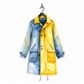 Watercolor yellow and blue coat on hanger minimalist fashion illustration Royalty Free Stock Photo