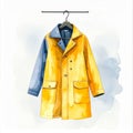 Watercolor yellow and blue coat on hanger minimalist fashion illustration Royalty Free Stock Photo