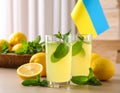 Mint lemon juice, fresh leaves and fruits on a light brown table, flat flag Royalty Free Stock Photo