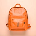 Stylish orange backpack on light background, top view. Space for text Royalty Free Stock Photo