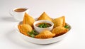 Samosa Plate with Sauce, Indian Appetizer, Vegetarian Food Royalty Free Stock Photo