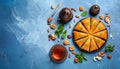 Delicious sweet baklava with nuts and honey on table, flat lay Royalty Free Stock Photo