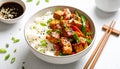 Tofu Rice Bowl Vegan Asian Food with Vegetables and Soy Sauce Royalty Free Stock Photo
