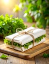 Freshly Wrapped Salad Sandwich on Wooden Board Royalty Free Stock Photo