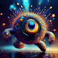 Round cyclops monster with spikes glowing in colorful light, whimsical 3D fantasy creature illustration Royalty Free Stock Photo